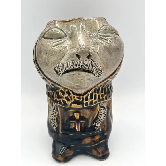 Unique Ceramic Face Planter vase signed Mustache Monk Knight Robe Textured Glaze